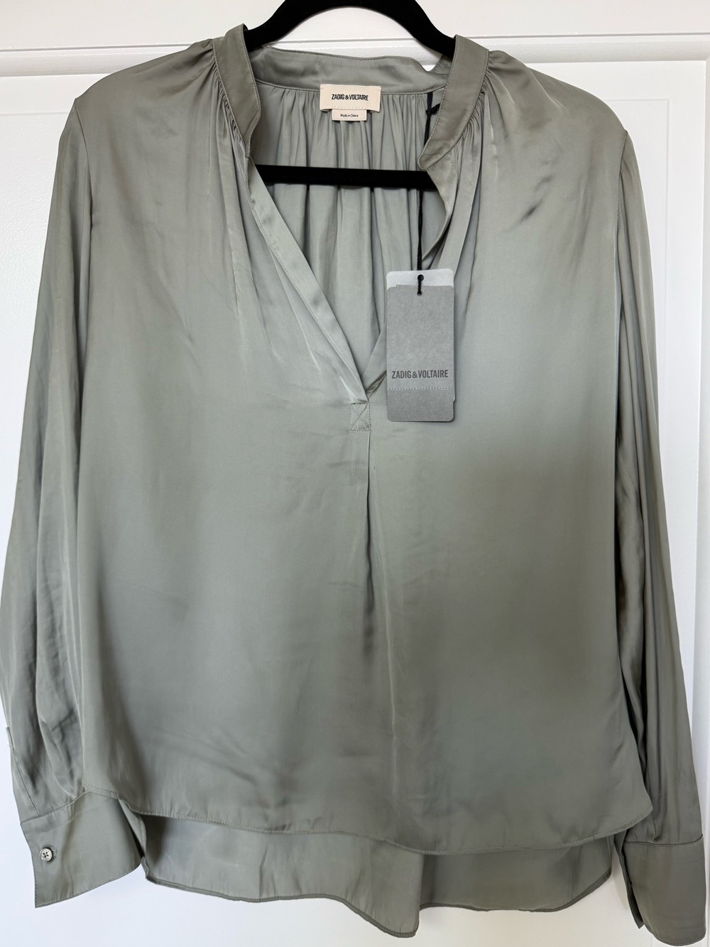 NWT Zadig & Voltaire Women's Light Sage Silk V-Neck Blouse